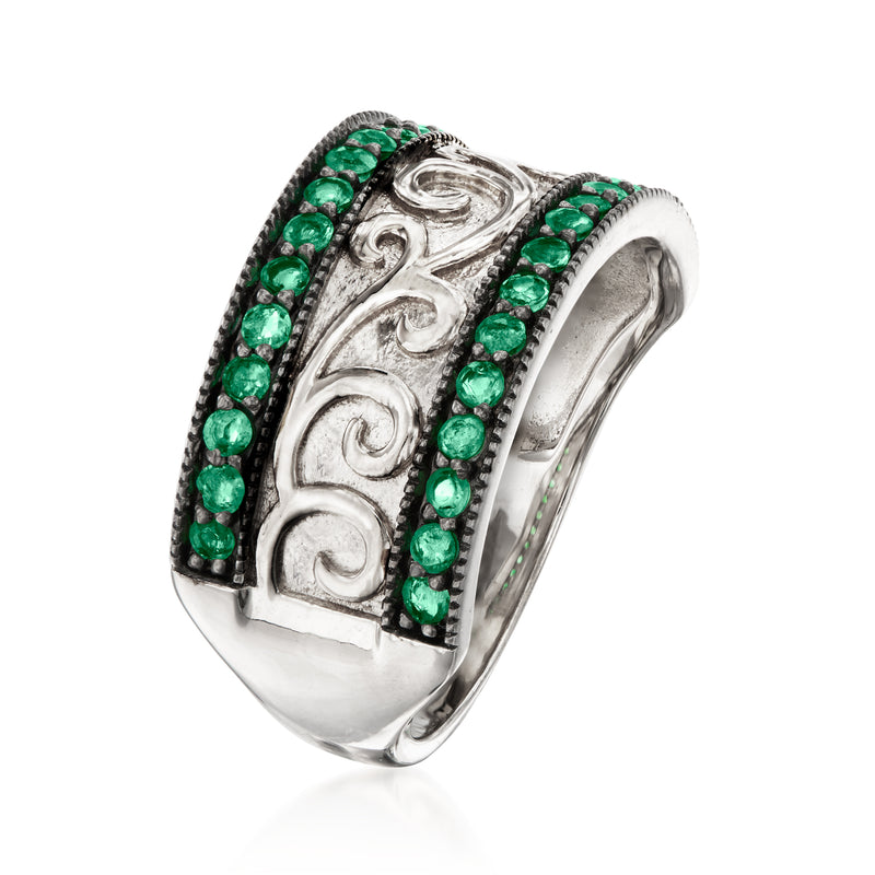 Sterling silver emerald green milgrain ring with engraved band and side stones