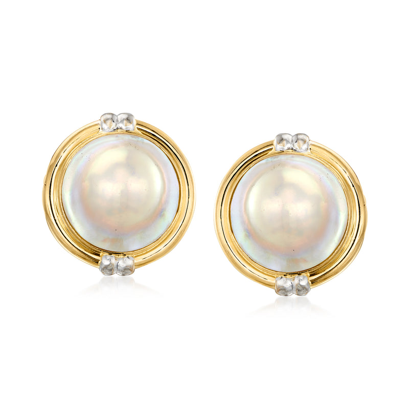 Two-tone 14kt gold mabe pearl stud earrings with circular bezel and small prong accents