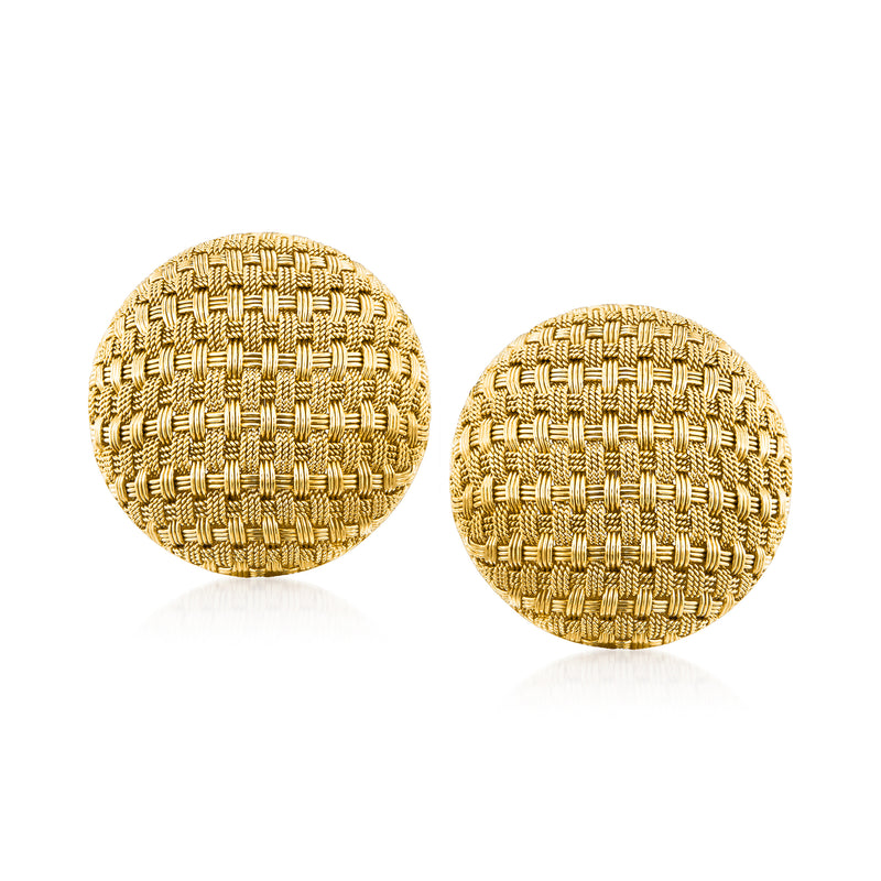 Yellow gold basketweave dome stud earrings, round woven texture