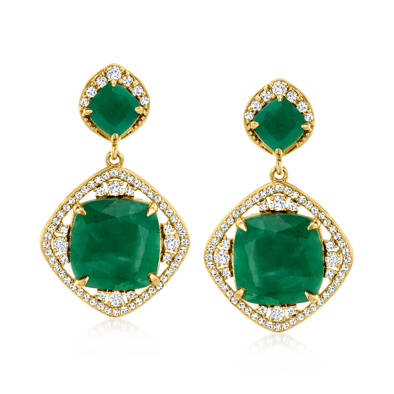 Gold drop earrings with green emerald-cut stones and white crystal halos