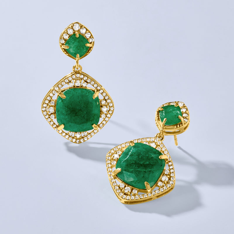 Emerald and white topaz drop earrings in gold over sterling