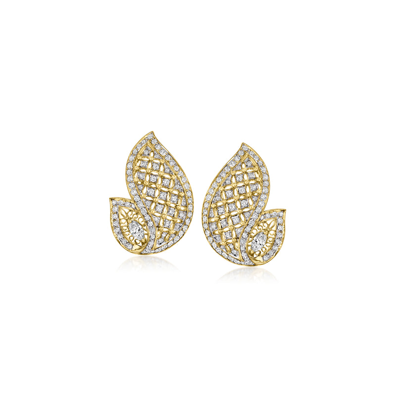Vintage 18kt yellow gold diamond swirl leaf earrings
