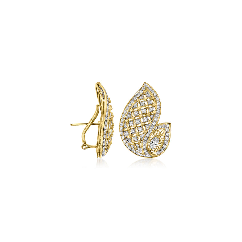 Diamond swirl leaf earrings in 18kt yellow gold, side view with post backing