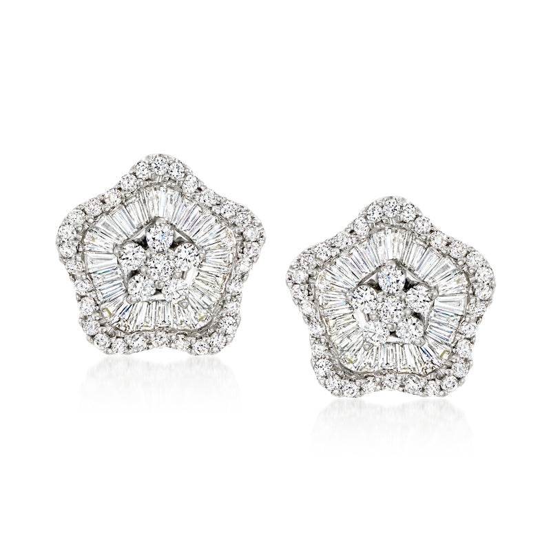18k white gold diamond flower stud earrings with halo and center round stones