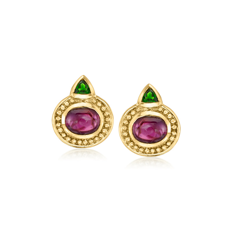 18kt yellow gold tourmaline earrings with pink oval center and green top triangle