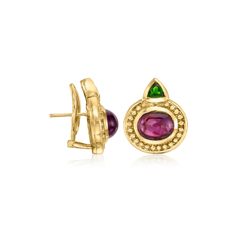 18kt yellow gold tourmaline earrings side view with post back and pink oval stone