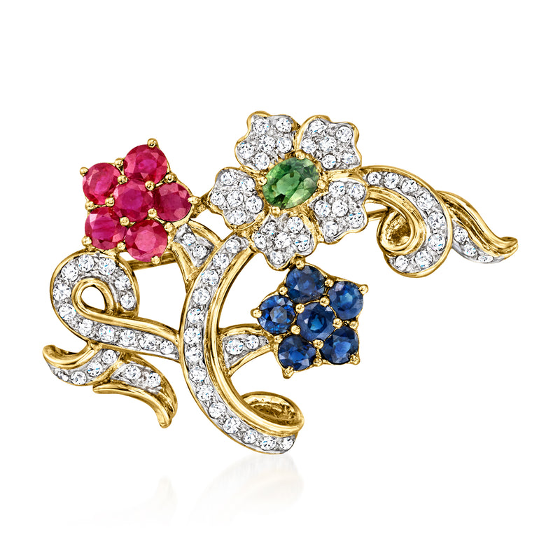 Floral multicolor gemstone and diamond pin in 18kt yellow gold setting