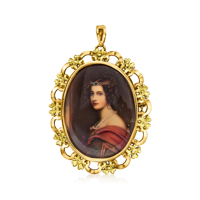 Vintage oval portrait pendant pin in 18kt yellow gold with enamel painted woman