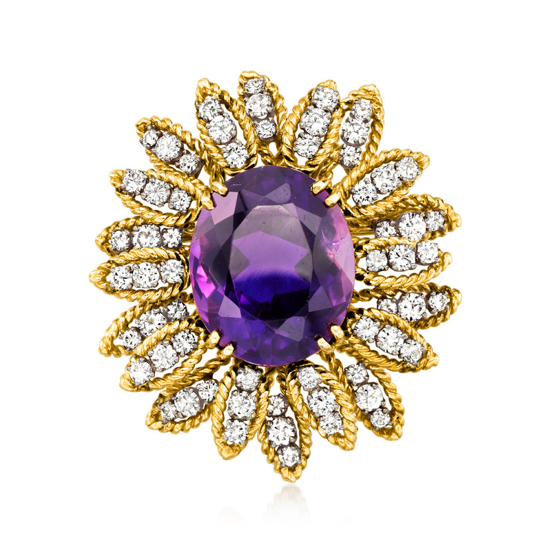 Vintage flower pin: purple amethyst center with diamond accents, yellow gold