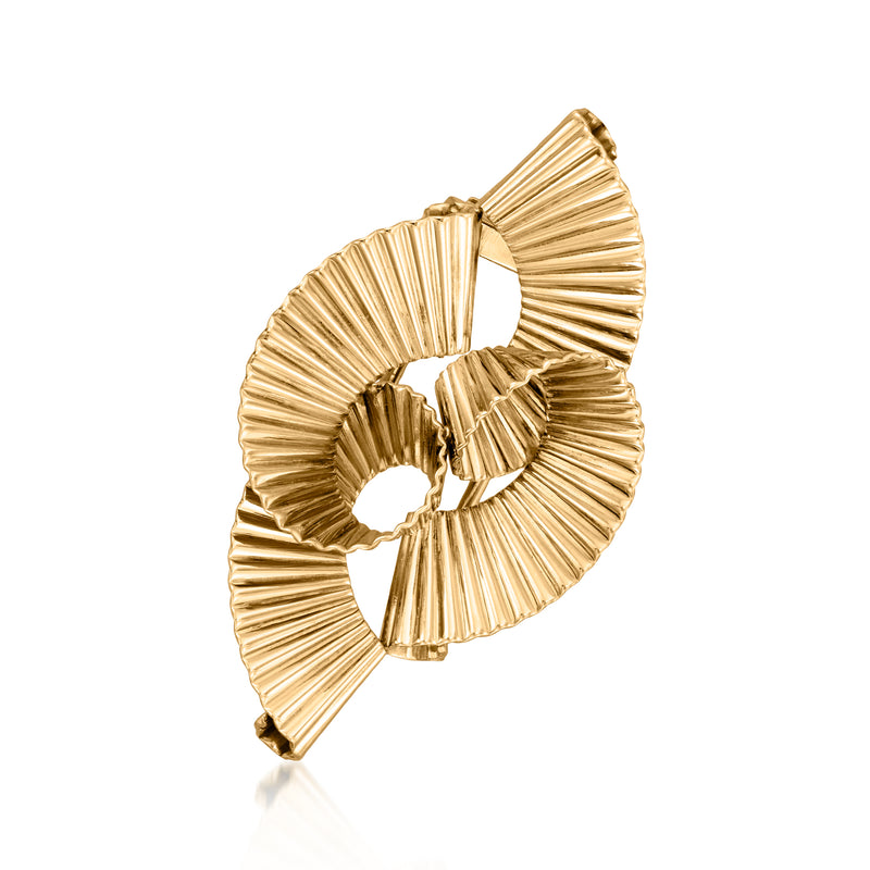 14kt yellow gold ridged ribbon pin with fan-like textured loops