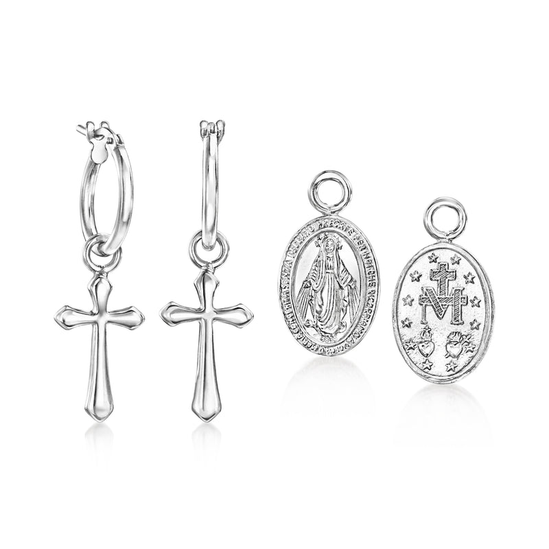 Sterling silver hoop earrings with dangling cross and oval religious medallions