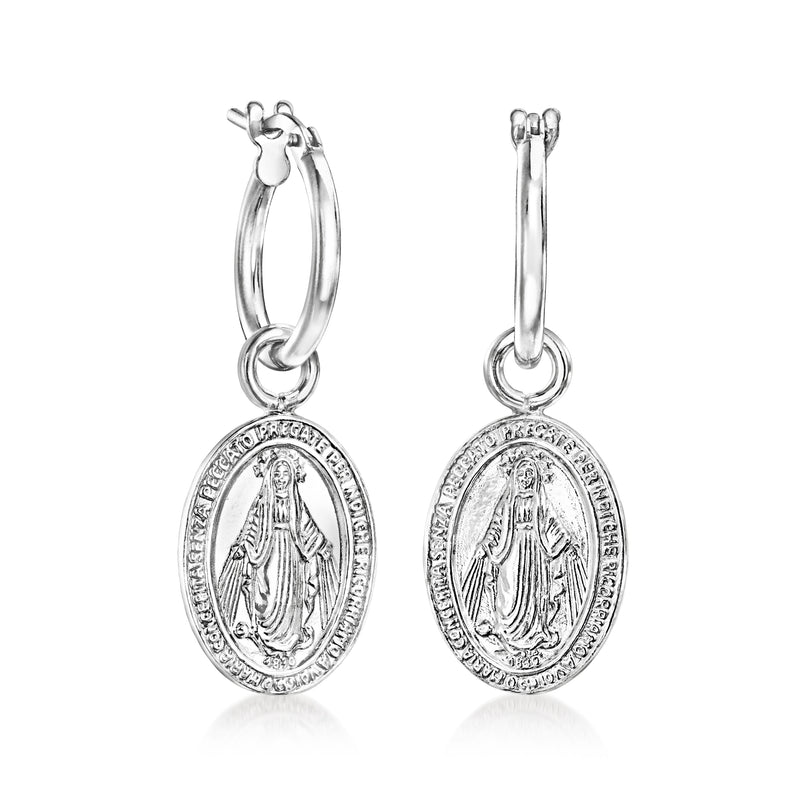 Sterling silver hoop earrings with oval religious Virgin Mary medallion drops