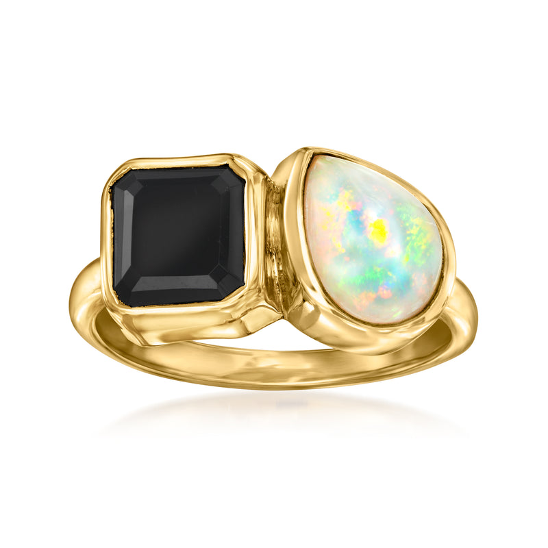 Gold tone toi et moi ring with square black onyx and oval opal gemstone
