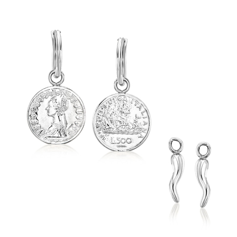 Sterling silver hoop earrings with round coin charms, dangling from hinged hoops