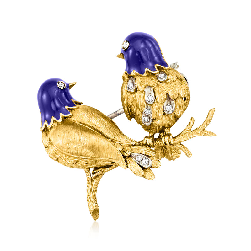 Gold birds pin with blue enamel and diamond accents, stemback clasp