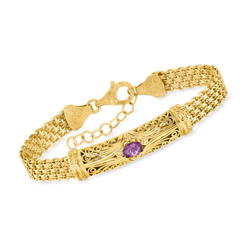 Gold over sterling filigree bracelet with purple amethyst oval and linked chain