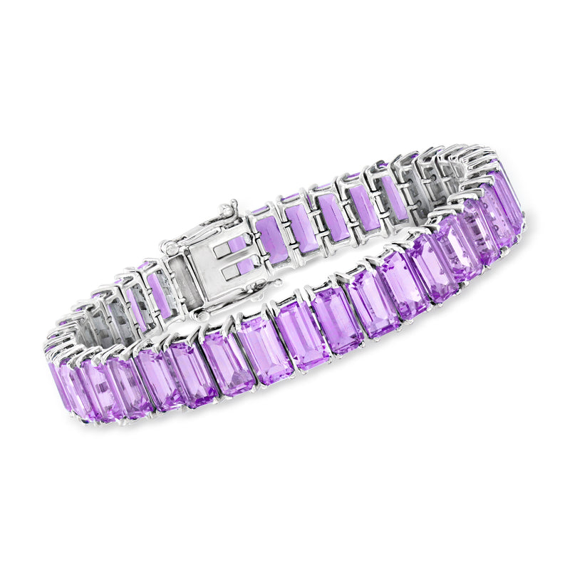 Sterling silver tennis bracelet with rectangular amethyst gemstones, prong-set in rows