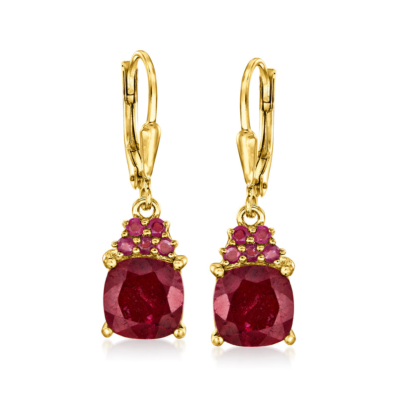 Gold leverback drop earrings with ruby-red gemstones and ruby-colored halo clusters