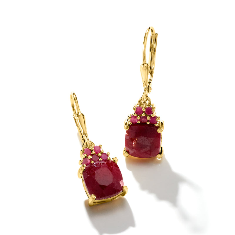 Gold leverback drop earrings with oval ruby-red center stone and small red accents