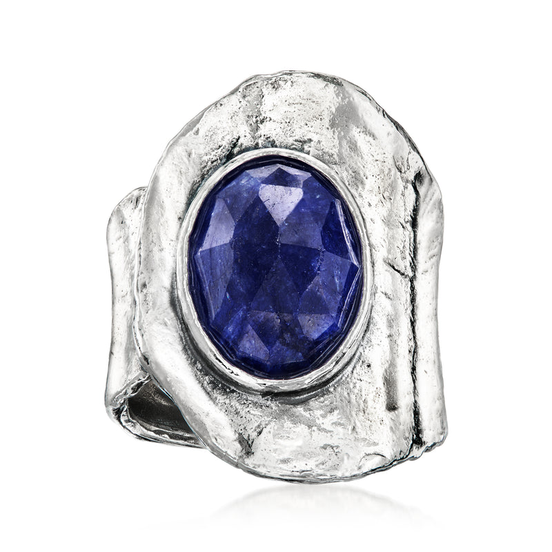 Oval blue sapphire gemstone ring in textured sterling silver setting