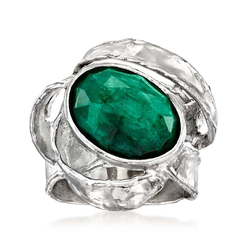 Sterling silver emerald-cut green gemstone ring with ornate bezel and twisted band