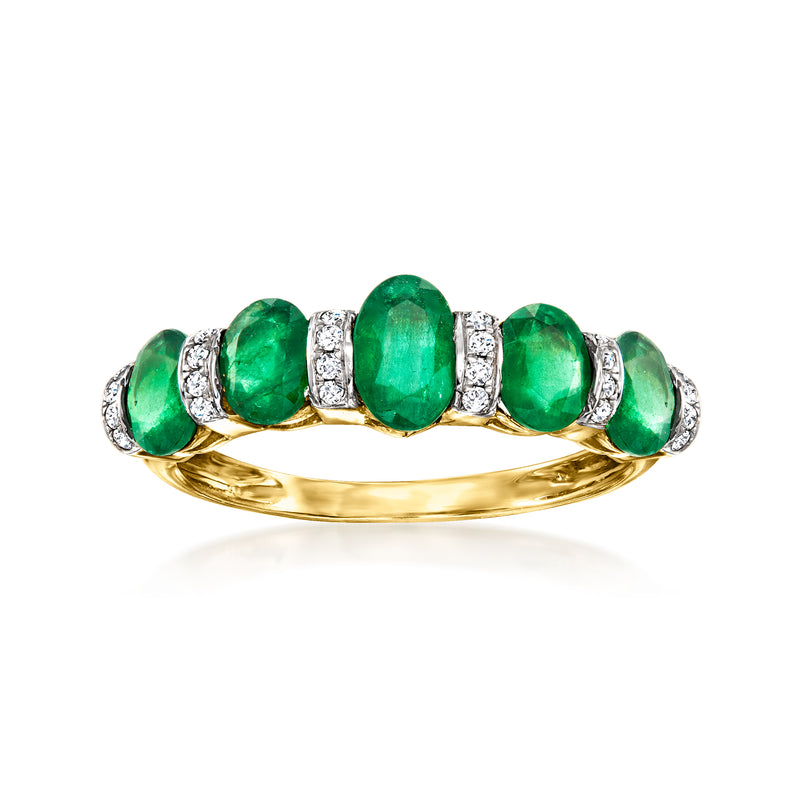 14kt yellow gold ring with five green emerald stones and diamond accents