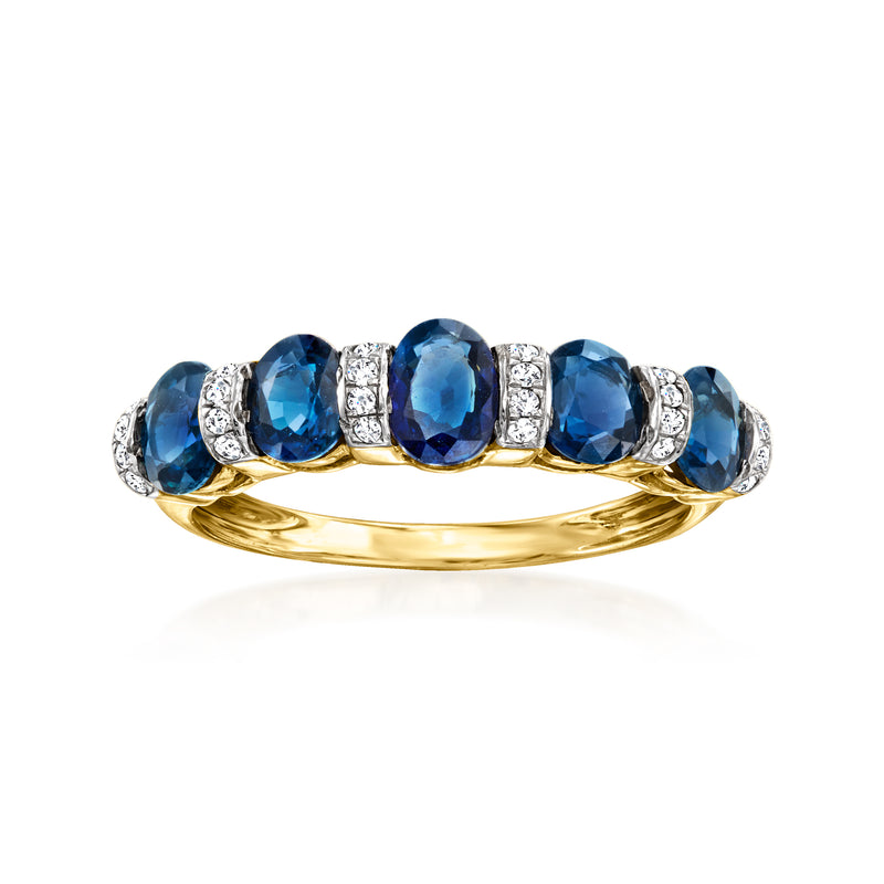 14kt yellow gold ring with blue oval sapphires and white diamond accents