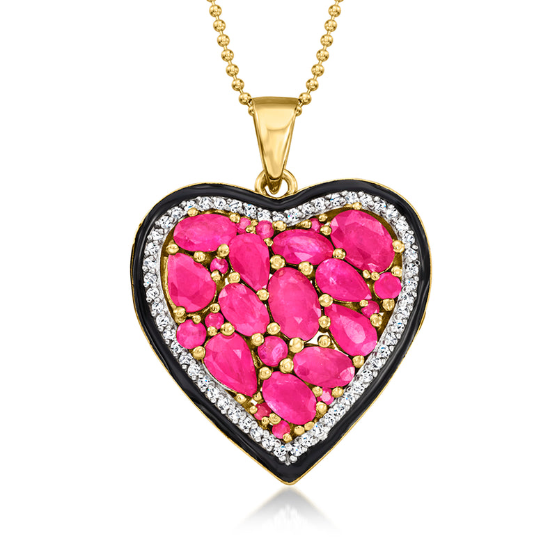 Gold heart pendant necklace with pink gemstone center, black enamel border, white zircon halo