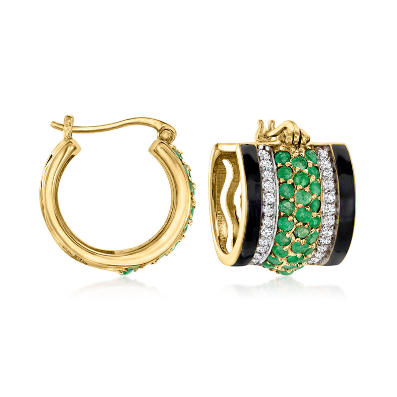 Gold hoop earrings with black enamel bands, green gemstone center, and white zircon accents