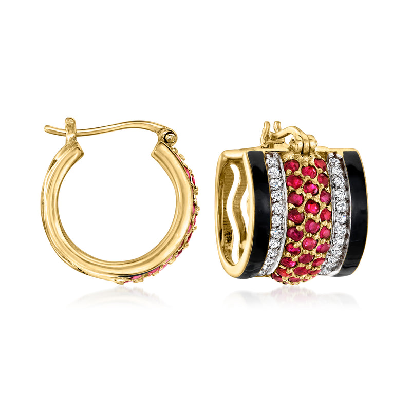 18kt gold hoop earrings with black enamel, red ruby gems, and white zircon accents