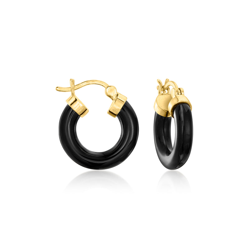 Black agate hoop earrings, 18kt gold over sterling with glossy black stone and hinge