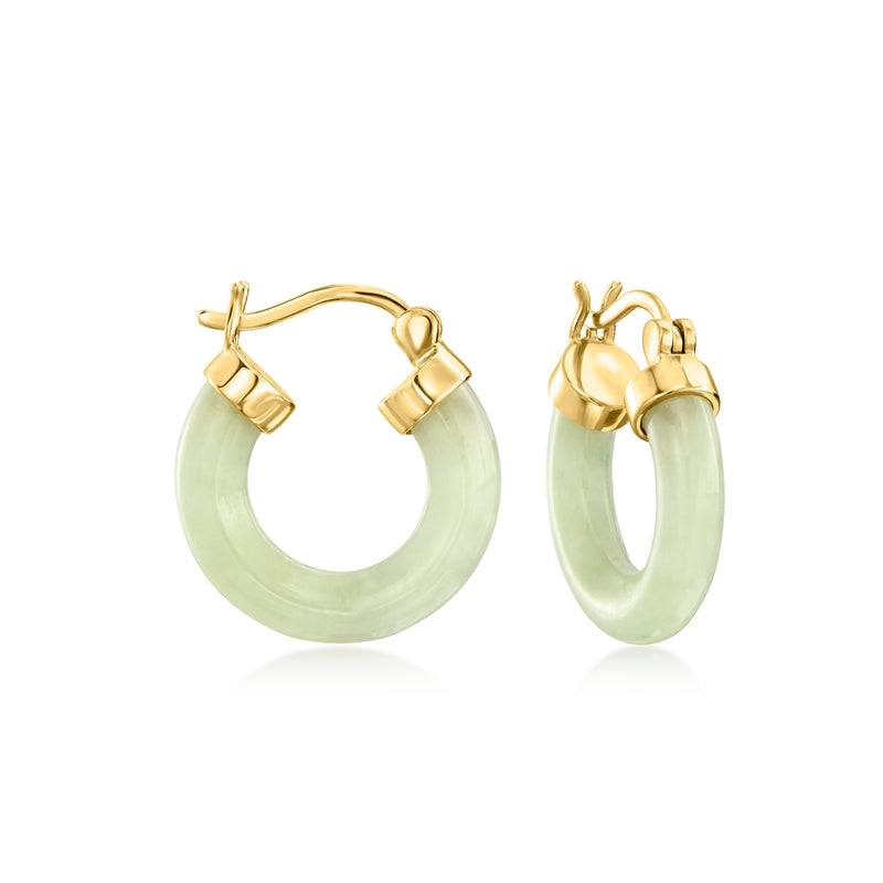 Jade green hoop earrings with 18kt gold over sterling frames and hinged clasp