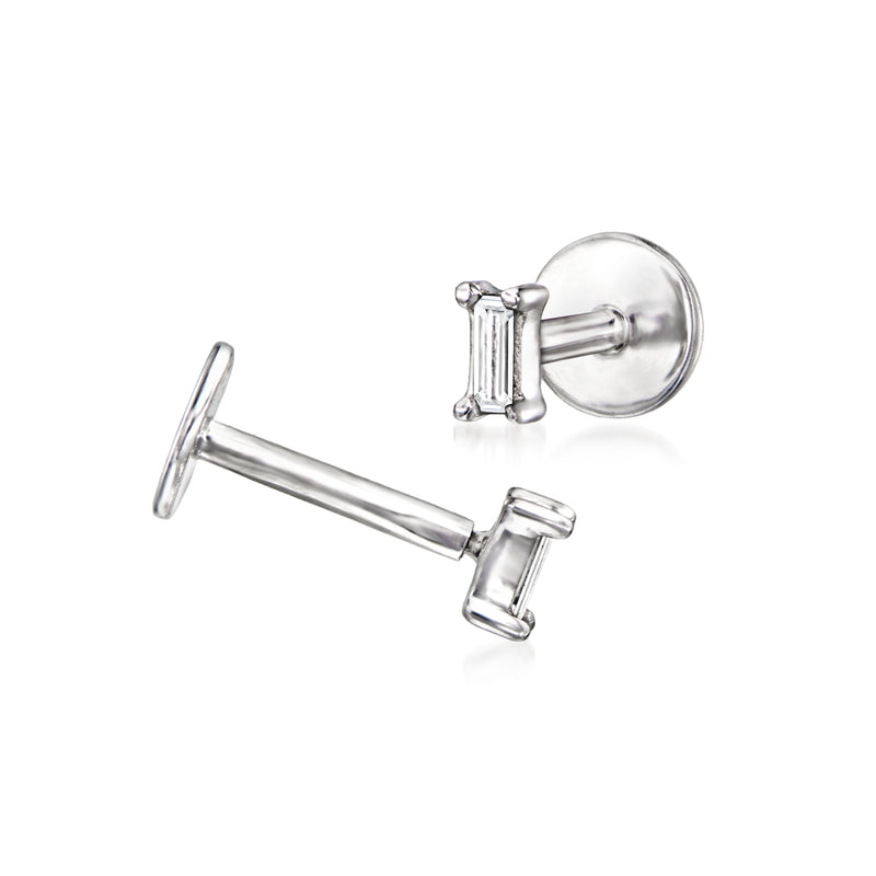Sterling silver baguette diamond post stud earrings, front angle view