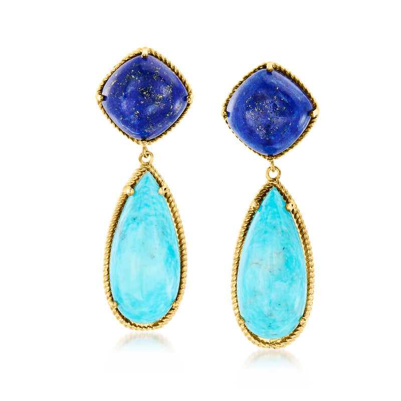 Gold-tone drop earrings with blue lapis square top and turquoise teardrop dangle