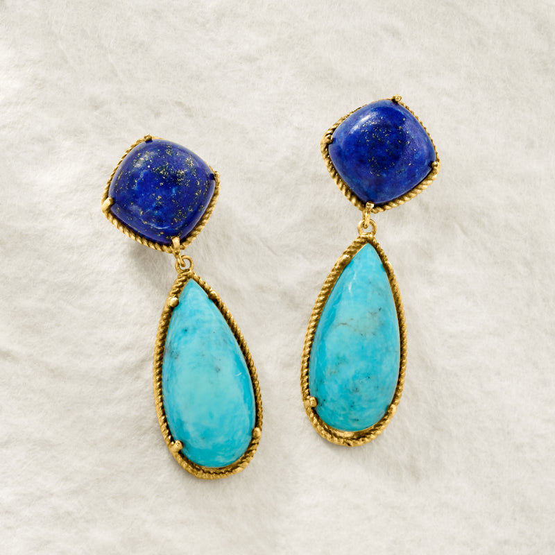 Gold-tone drop earrings with lapis-blue square tops and turquoise teardrop drops