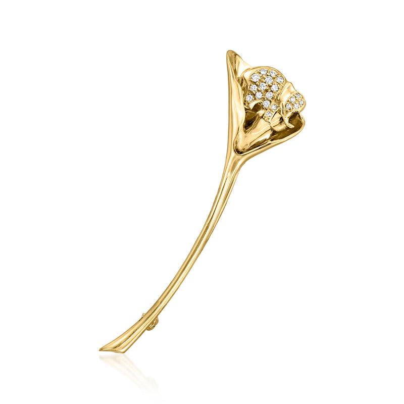 Elephant pin in 18k yellow gold with diamond-studded face and long tail