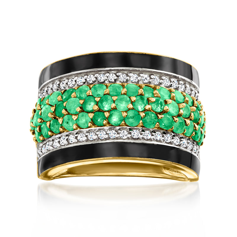 18k gold over sterling ring with black enamel, green stones, and white crystal accents