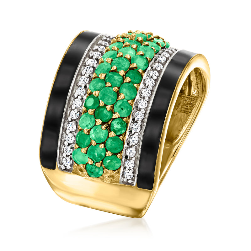 Gold ring with black enamel and green gemstone cluster framed by white crystal borders