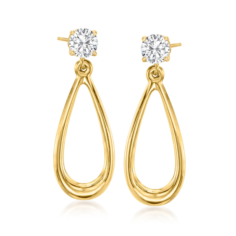 14kt yellow gold open teardrop earring jacket over round crystal stud