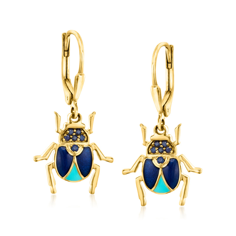 Gold insect drop earrings with blue enamel and sapphire accents, leverback hooks