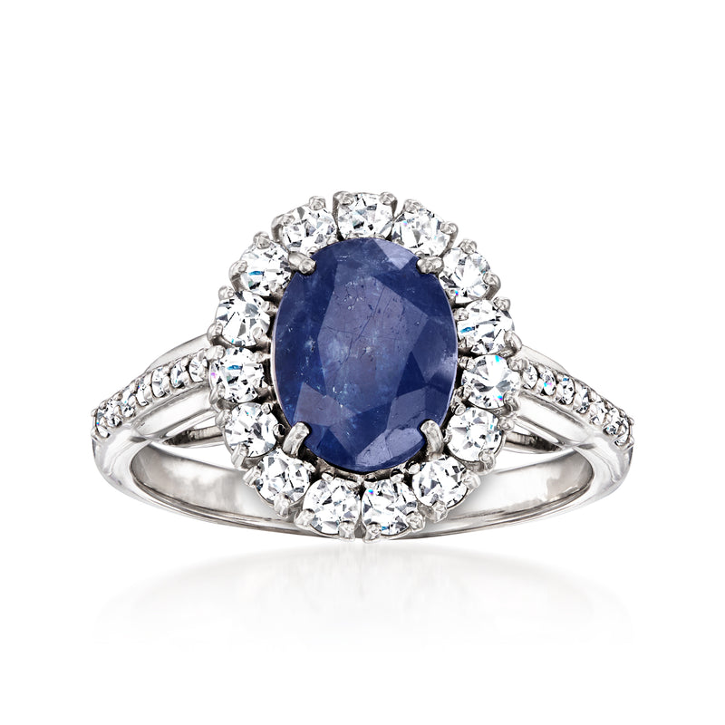 Oval blue sapphire halo diamond ring in 18kt white gold