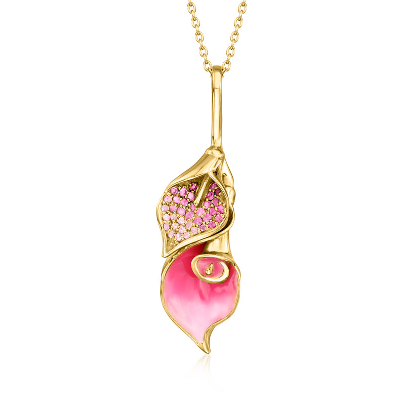 Gold-toned floral pendant necklace with pink enamel leaf and pink gemstone cluster