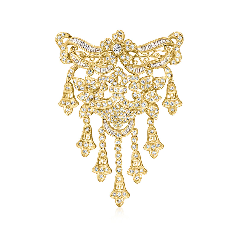 Vintage 18kt yellow gold diamond pin with clustered dangling drops, floral center