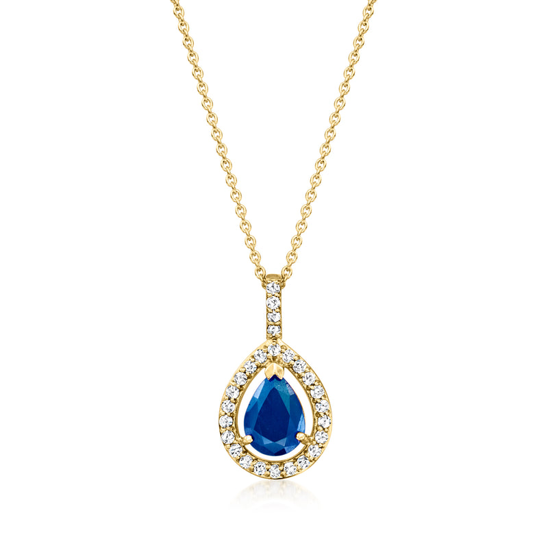 18kt yellow gold pendant necklace with oval blue sapphire and diamond halo