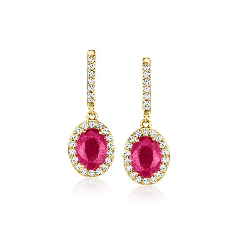 18kt yellow gold ruby and diamond drop earrings with oval ruby halo