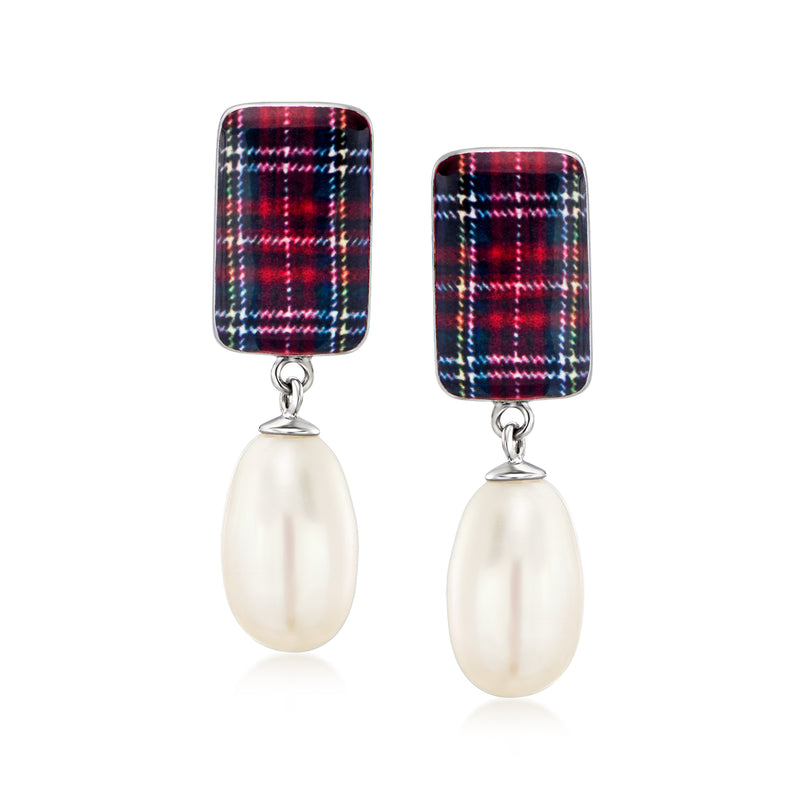 Sterling silver drop earrings with white cultured pearl and multicolored enamel tops
