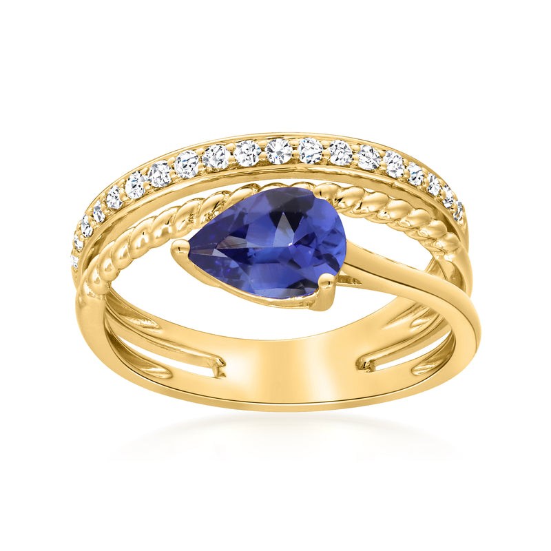 14kt yellow gold three-row ring with pear tanzanite and diamond accents
