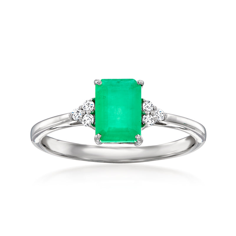 14kt white gold emerald-cut green gemstone ring with round diamond accents