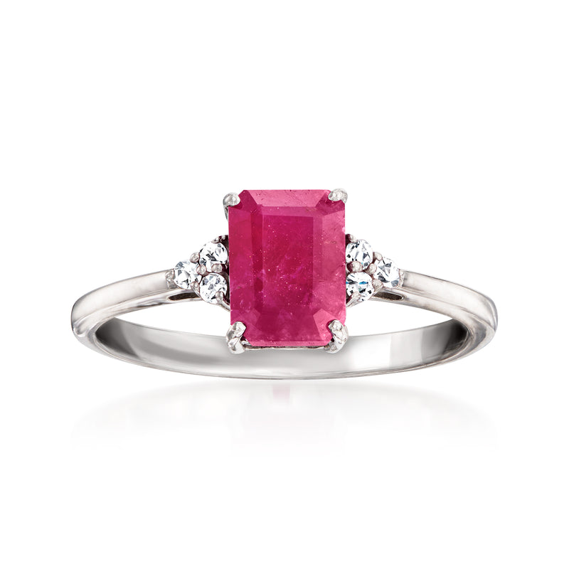 14kt white gold ring with rectangular ruby center and round diamond side stones