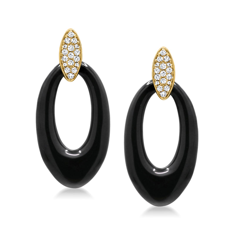 Black oval onyx drop earrings with diamond-set oval caps in yellow gold